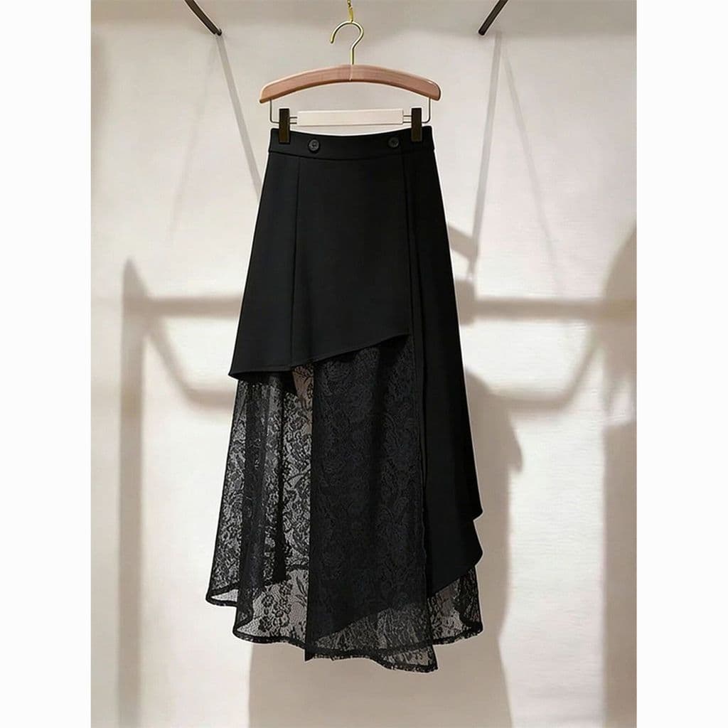 Saia de renda preta irregular Primavera feminina Saia feminina Saia longa elegante Saia exclusiva de uma peça Saia femin