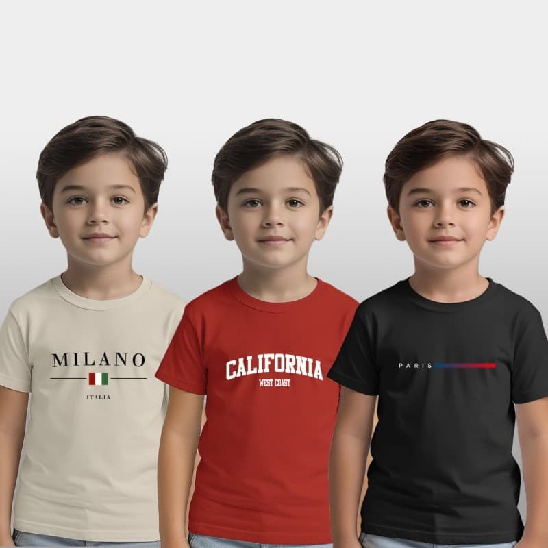 Kit 3 Camisetas Infantil Juvenil Milano Paris California Masculina Verão Casual 100% algodão