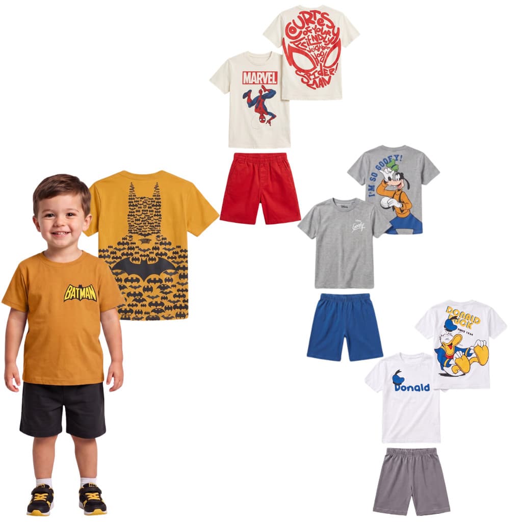 Kit 4 Peças de Roupa Menino Infantil Blusa Personagens Verão 2 camisetas Estampa Frente e Costas + 2 bermudas