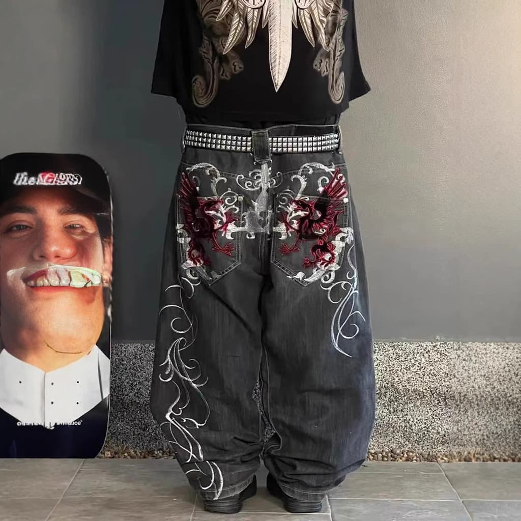 Calças Jeans hiphop estampadas soltas retas para dança de rua Hip Hop