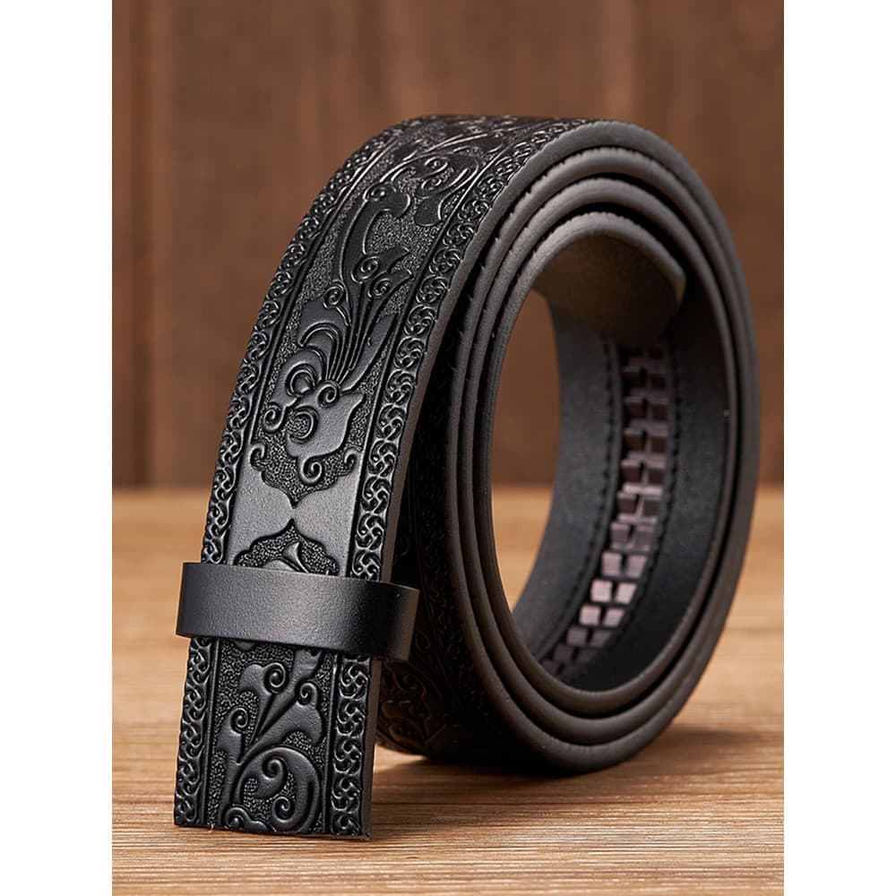 3.5CM de largura tira de cinto sem cabeça masculino Retro em relevo gravado padrão cinto couro Tang grama padrão fivela