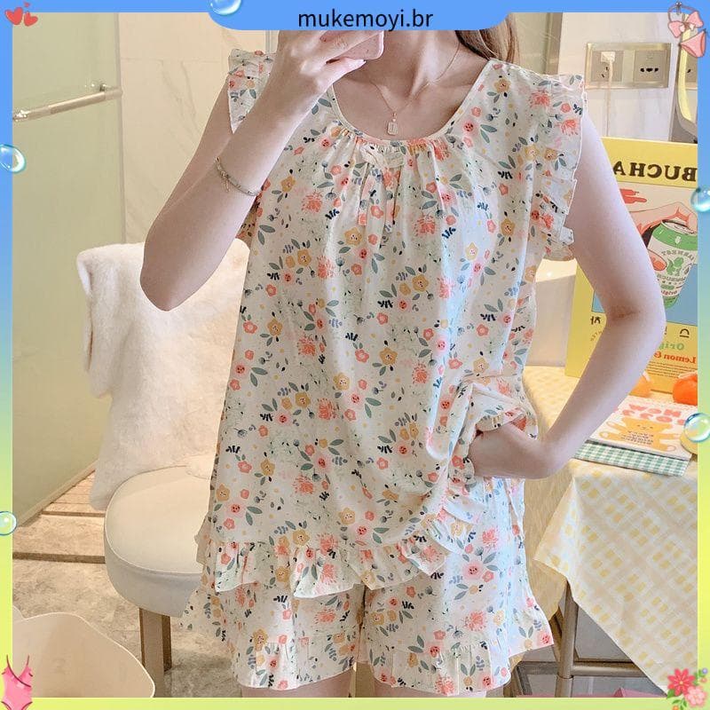 Shorts curtos de manga curta algodão seda pijamas feminino 2026 novo estilo verão algodão seda estilo fino solto exterio