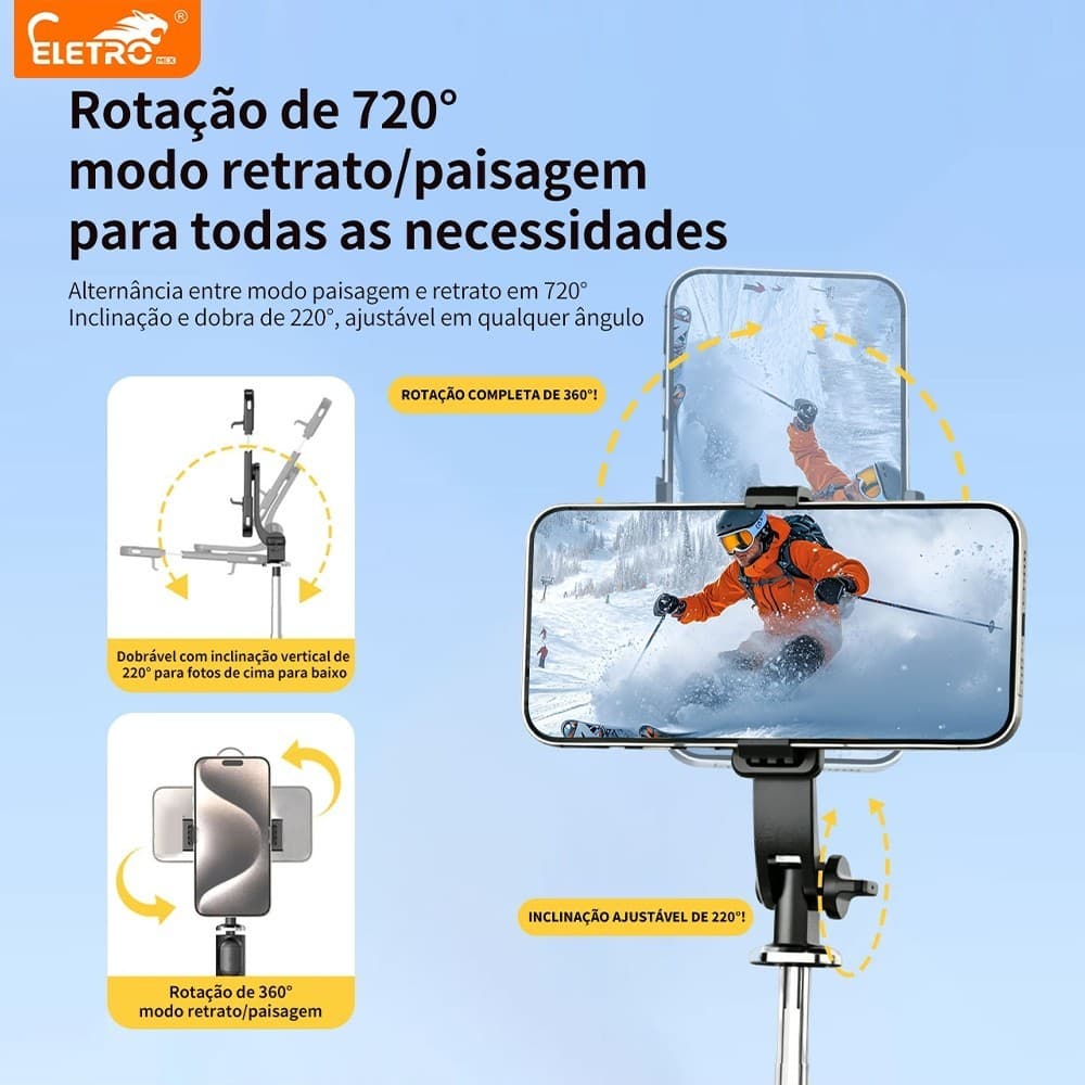 Tripé portátil para gravação e selfie de celular altura ajustável 1‑1,7m rotação 360° com controle remoto embutido