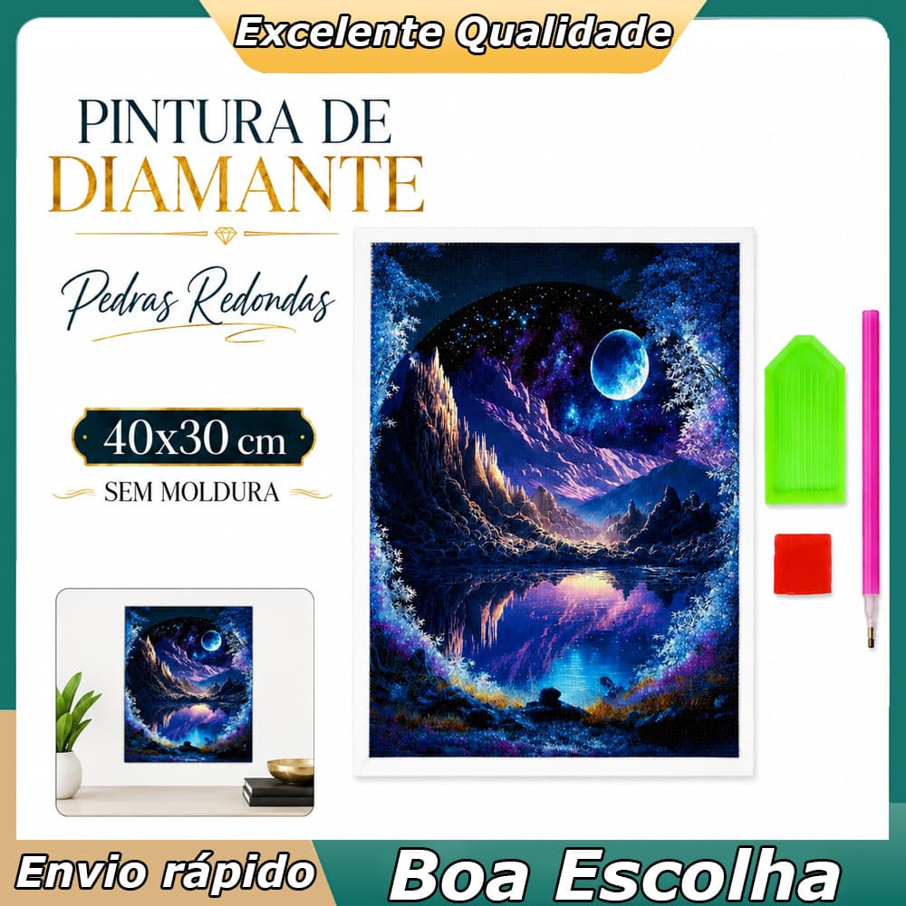 Pintura Diamante Lua Azul 40x30cm com Pedras Redondas, Arte DIY para Quarto, Sala e Presente Criativo Adulto