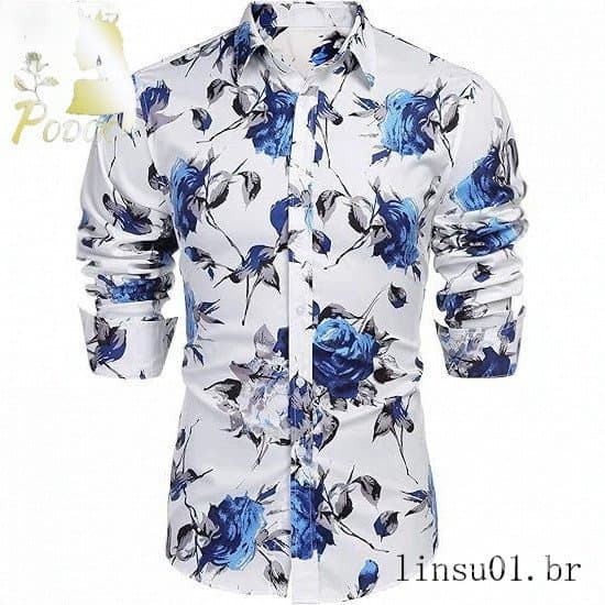 Estilo europeu americano azul branco rosa impressão camisa de manga comprida masculina outono Casual camisa Floral forne