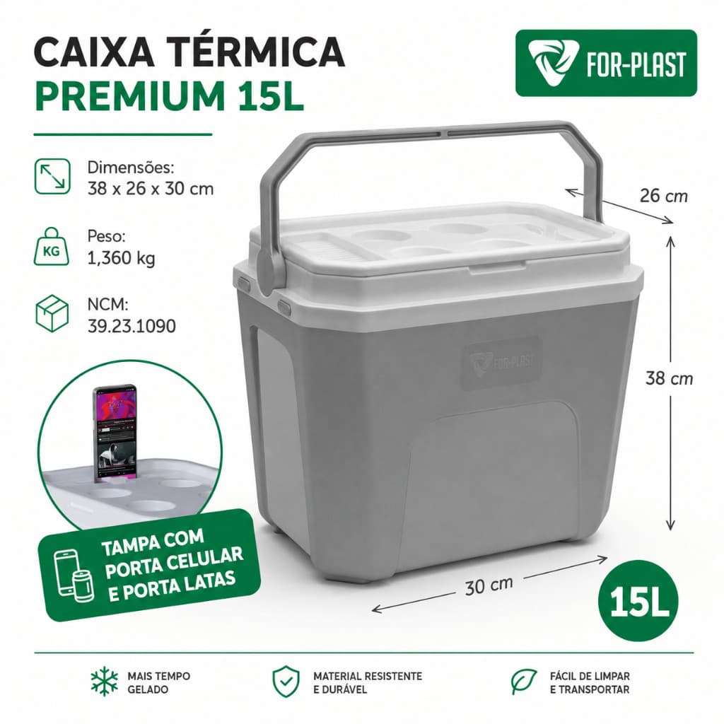 Caixa Térmica Cooler 15 Litros 21 Latas | Média Portátil | Resistente | Conservador Térmico Praia | Suporte Para Celular