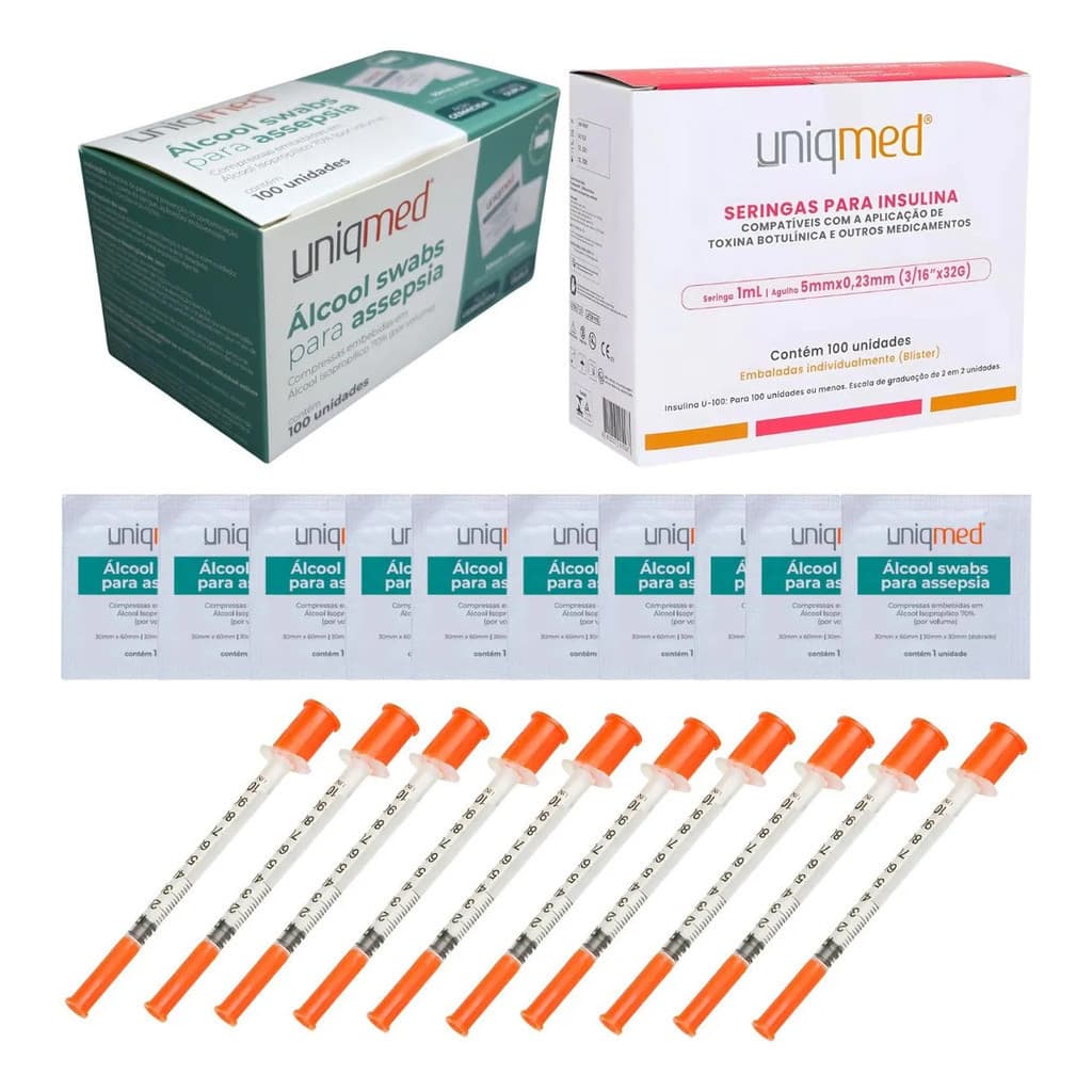 Kit Com 10 Seringas 1ml 6mm x 0,25 x 31g Uniqmed 10 Álcool Swabs