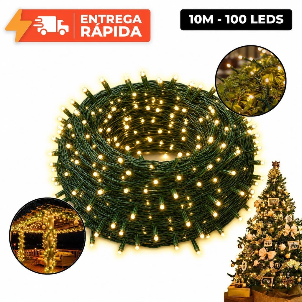 Pisca Pisca 100 LEDs 10m 8 Funções Natal Fio Verde Ou Transparente Branco Quente 127V Cordão Janela Arvore