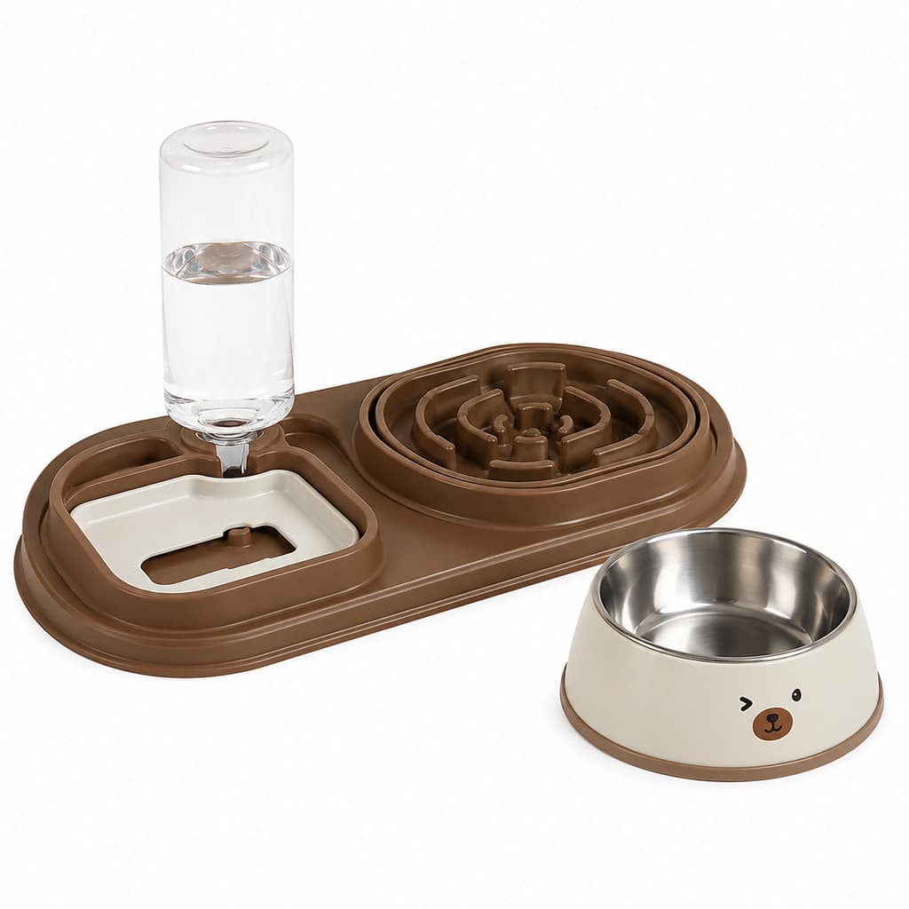 Comedouro Bebedouro Pet 3 em 1 Marrom Tigela Inox Comedouro Lento Automático para Cães e Gatos