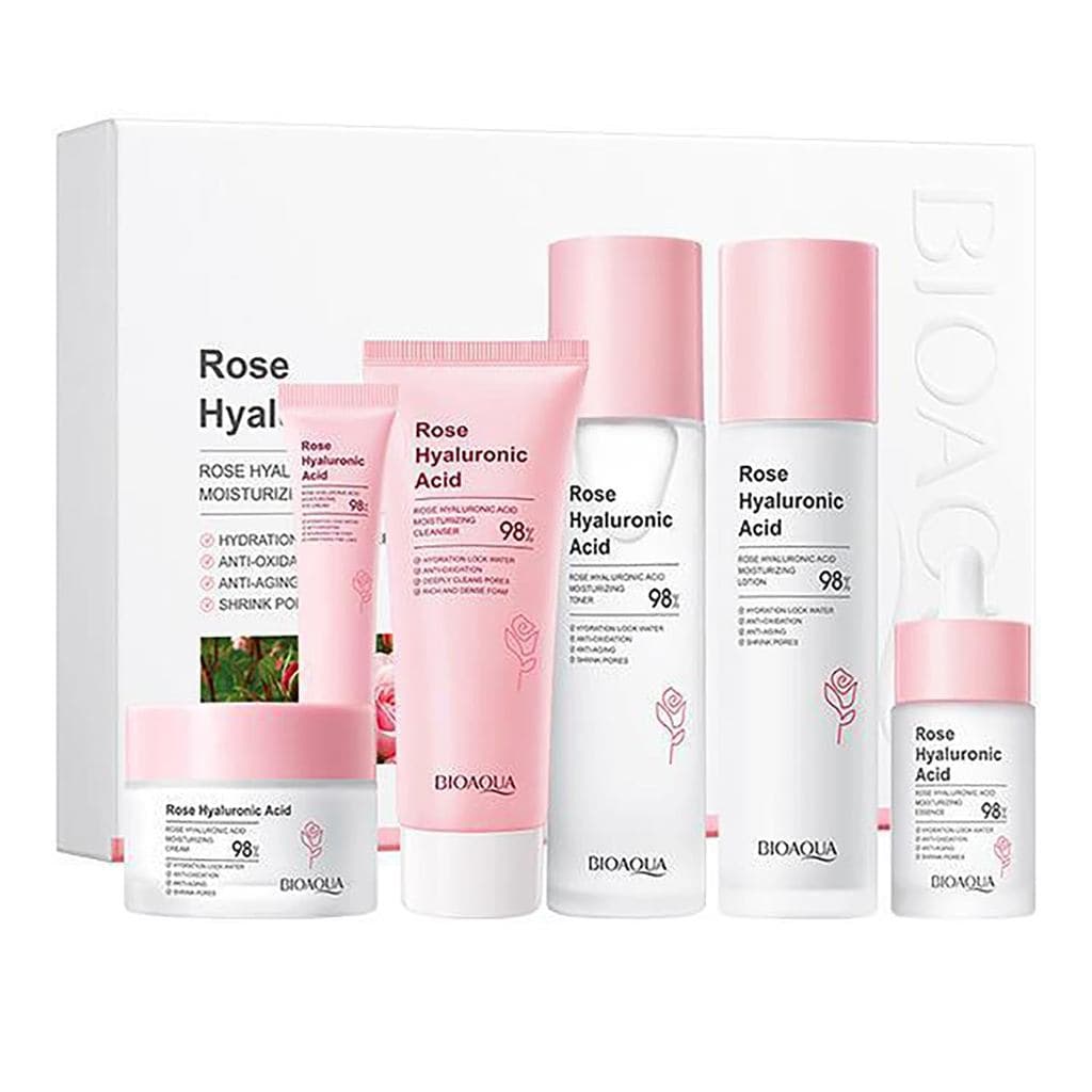 Conjunto de Cuidados com a Pele BIOAQUA Rose com Ácido Hialurônico, Caixa de Presente com 6 Peças