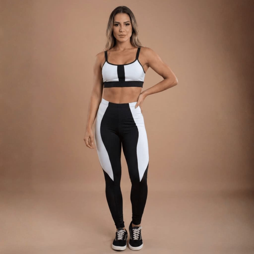 Conjunto fitness com top e legging de cós alto