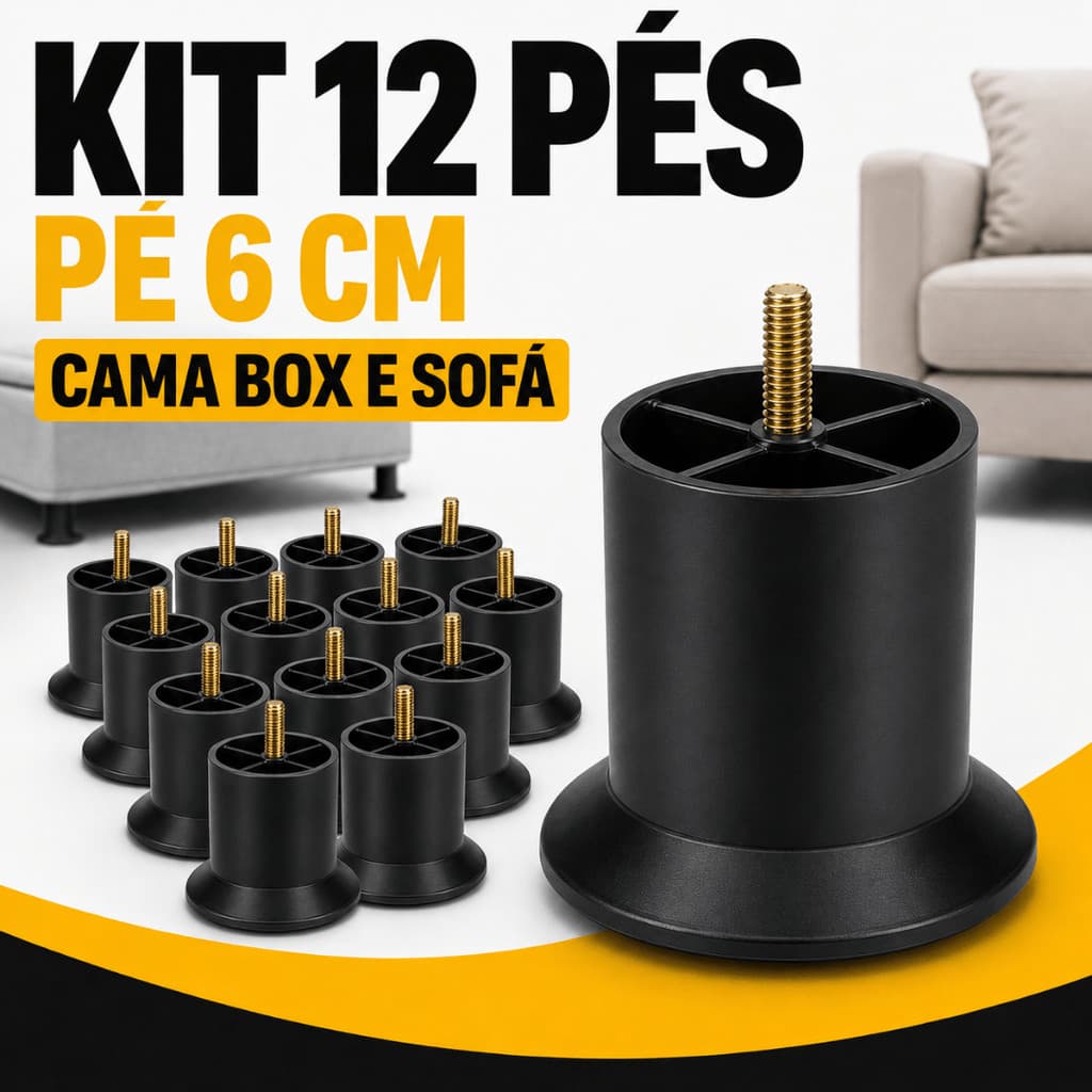 Kit 12 Pés para Cama Box Sofá Baú e Puff 6 cm Preto Reforçado Rosqueável Suporta 600 kg