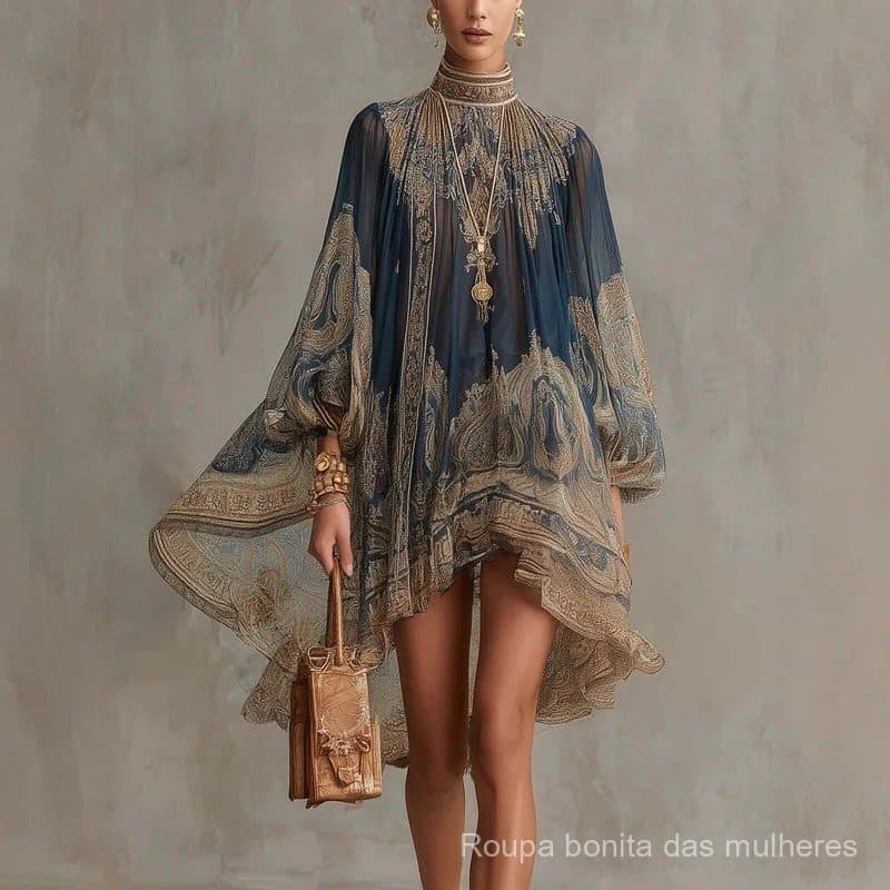 Novo Vestido de Chiffon Estampado de Gola Alta Estilo Europeu com Mangas Largas e Casuais Temáticas de Férias.
