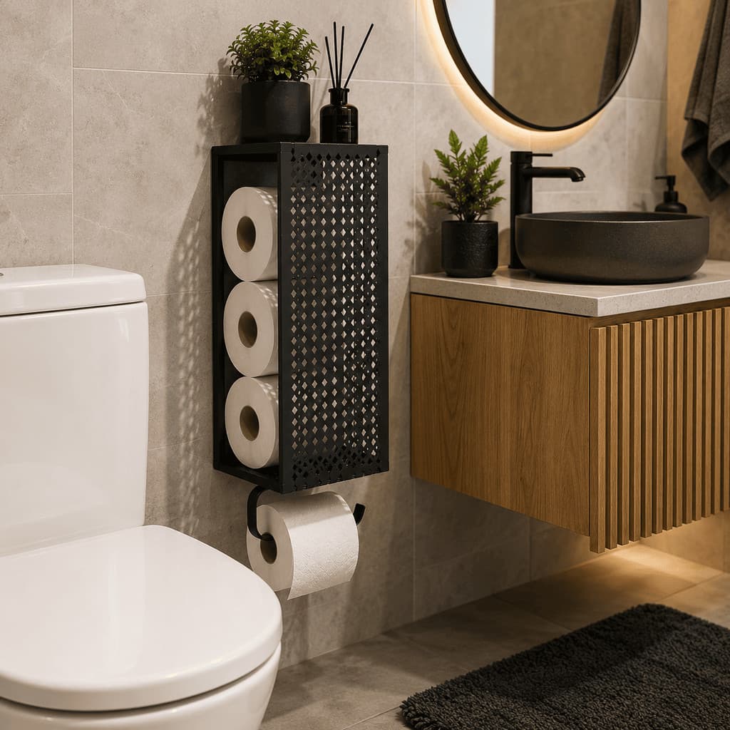 Suporte para Papel Higiênico Banheiro 4 Rolos Aço Preto com Dupla Face Organizador Moderno Industrial