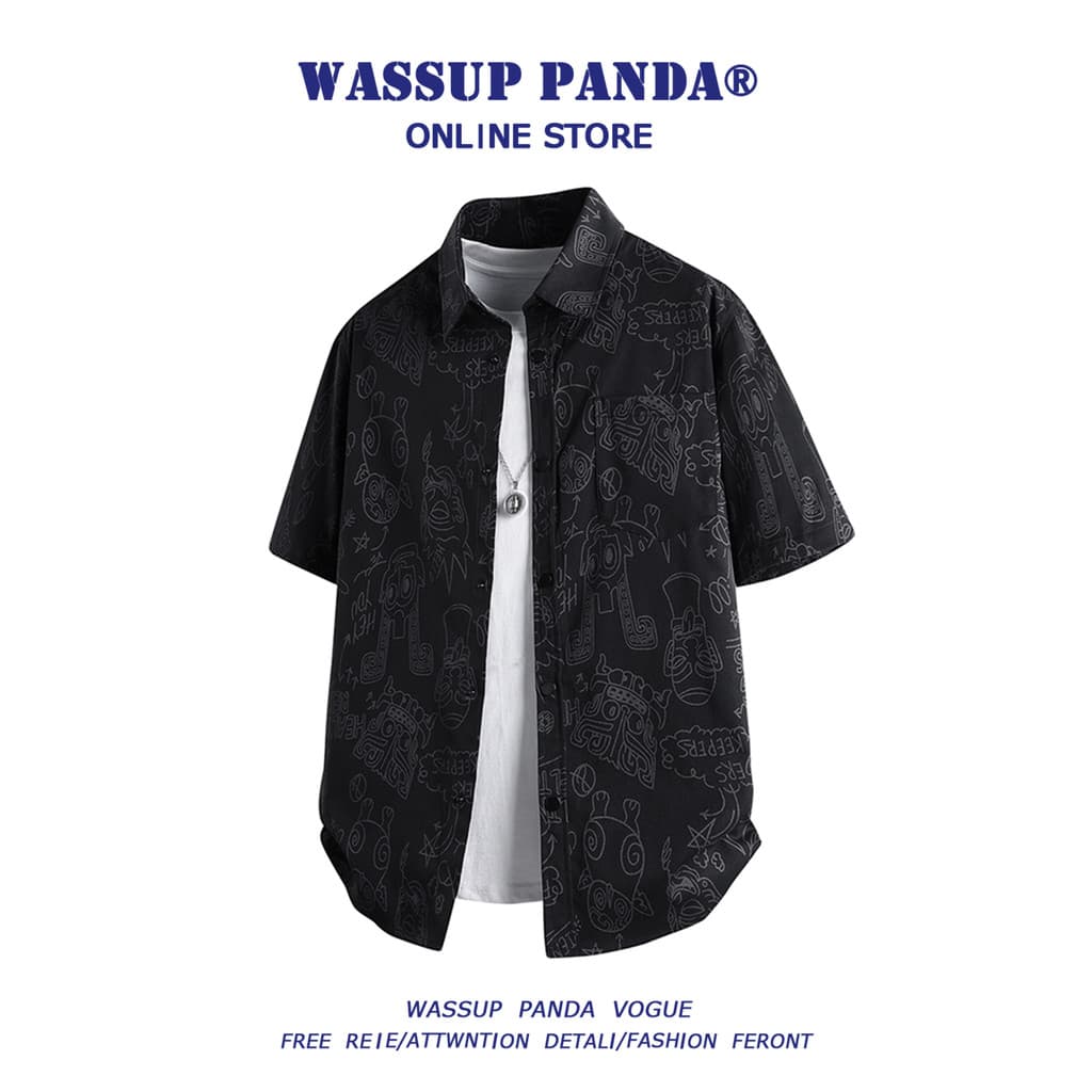 WASSUP PANDA Camisa masculina de manga curta com estampa completa de seda gelada verão solta tamanho grande lapela meia