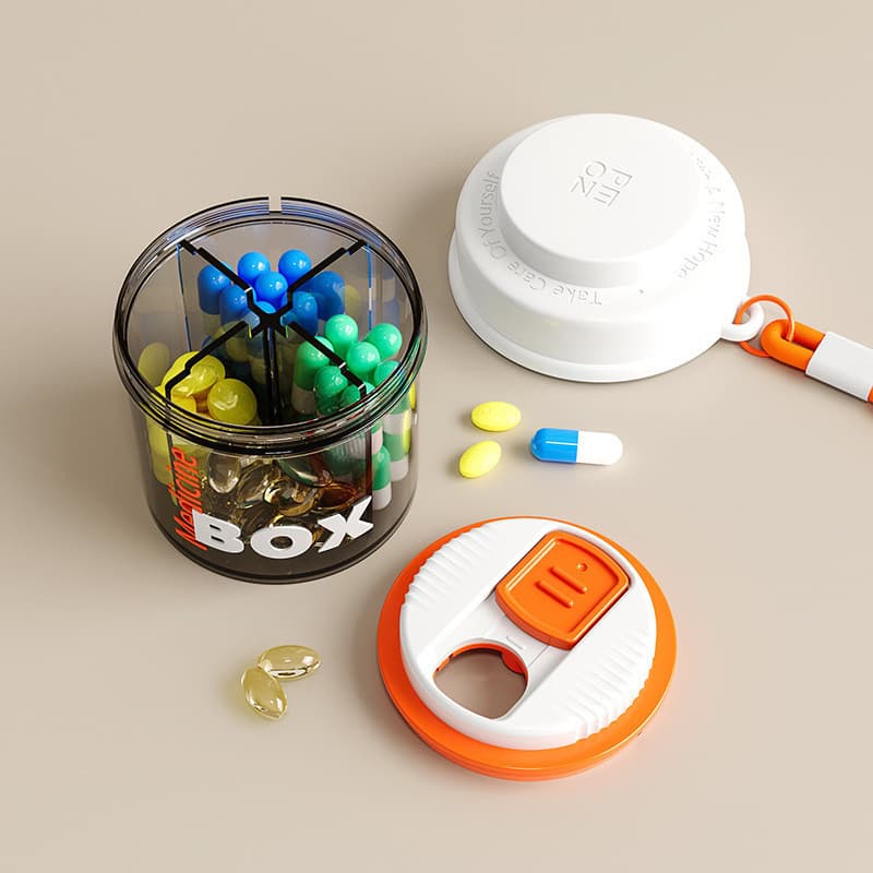 Caixa De Armazenamento De Comprimidos Com Janela Visual Giratória Tampa Dispensadora De Medicamentos Cordão Selado Portá