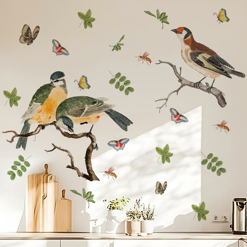 Adesivos de parede Plantas verdes Flores Ramos Pássaros Borboleta Adesivos de parede Sala de estar Quarto Decoração de f