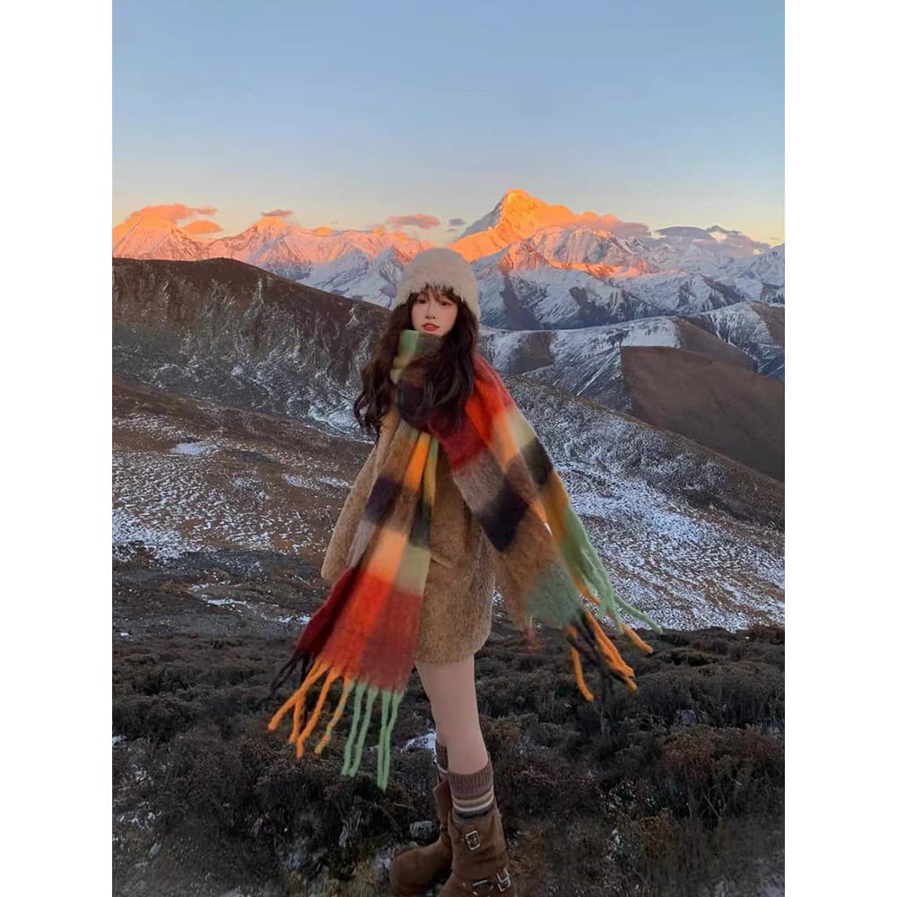 Lenço arco-íris Sichuan West 2026 novo estilo inverno High-End cachecol feminino estilo coreano xadrez atmosfera quente