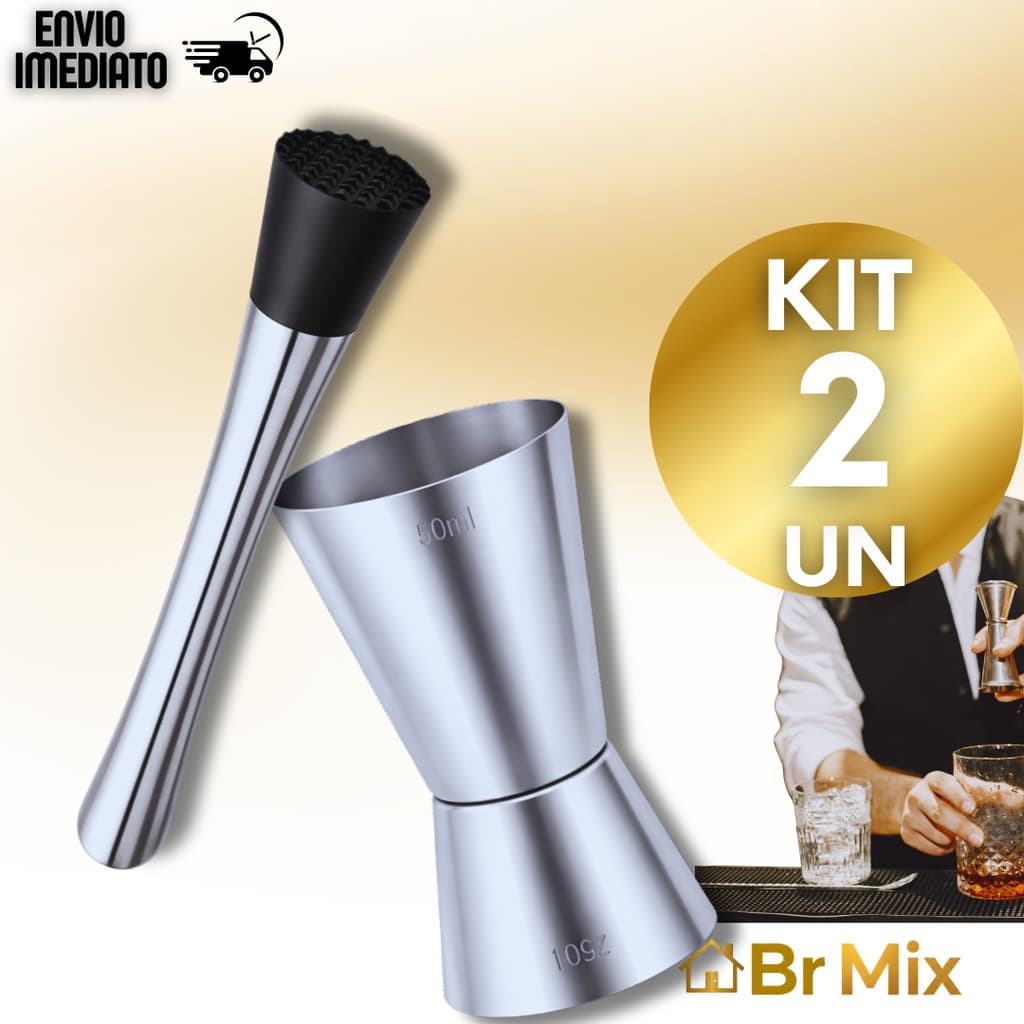 Kit Bar: Socador de Caipirinha + Dosador Duplo Inox Bares Drinks Bebidas Shakes  Bebidas
