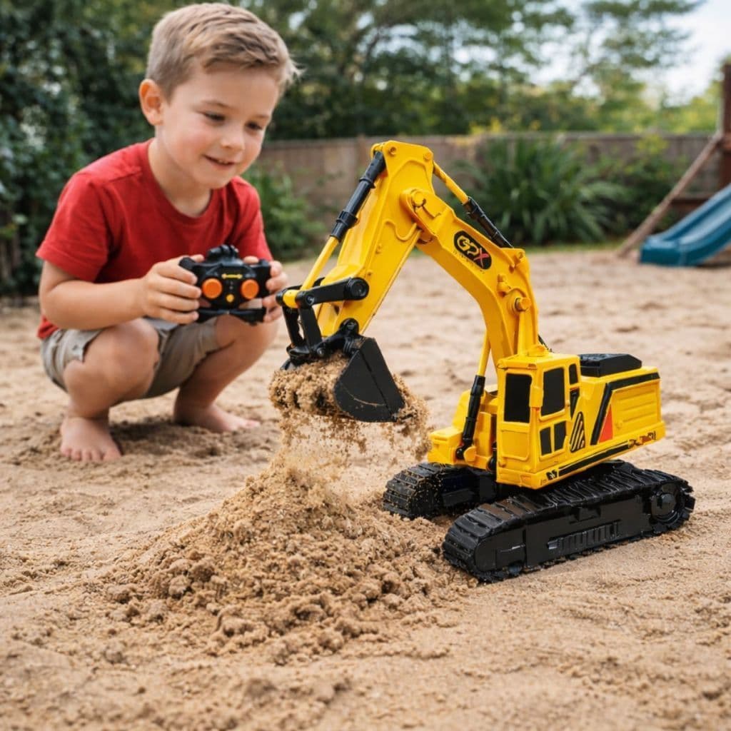 Escavadeira Controle Remoto Infantil RC Recarregável Luz Som Fumaça Escava Areia Trator