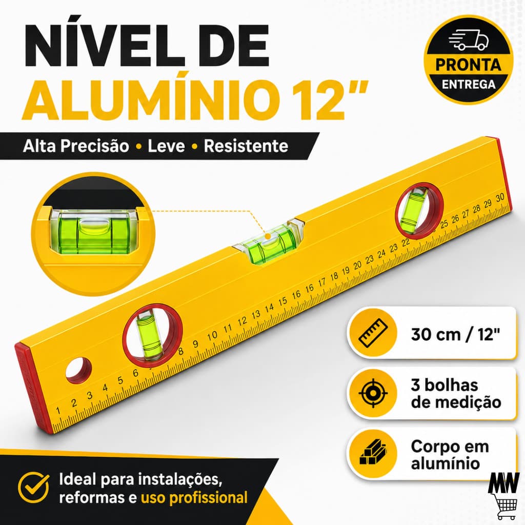 Nível de Mão Alumínio 12" 30cm Com 3 Bulbos/Bolhas Nivelador Nivel de Mão Para Nivelamento
