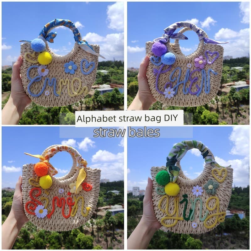 bolsa feminina Bolsa Dia das mães evento Original bola de pele carta saco de palha DIY Material bolsa verão férias tecid