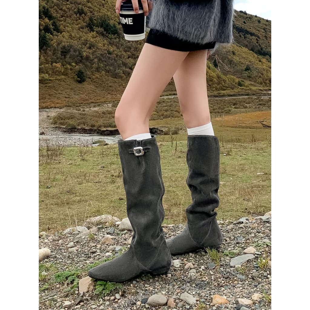 Retro apontou Toe cavaleiro botas femininas botas de pilha botas finas de couro genuíno botas altas botas de Cowboy ocid