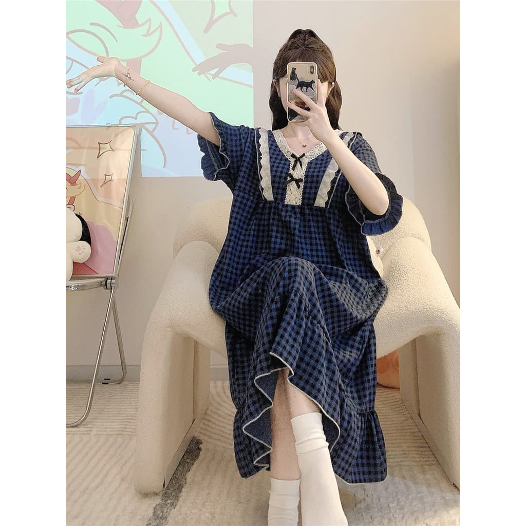 Nuvem algodão camisola feminina verão Plus Size solto irmã gorda azul xadrez verão longo pijamas saia Homewear
