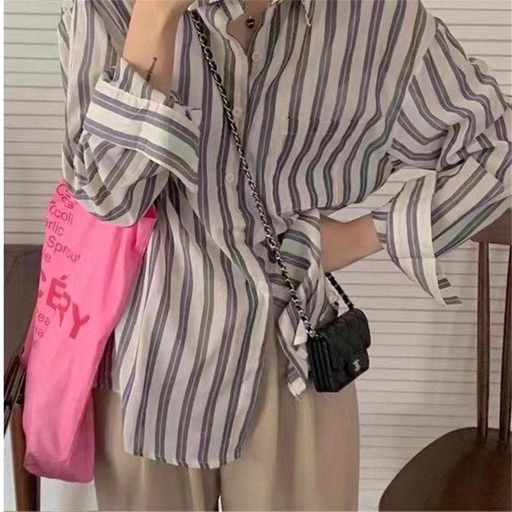 Desconto de marca Roupas femininas contador comércio exterior estilo preguiçoso camisa listrada feminina primavera outon