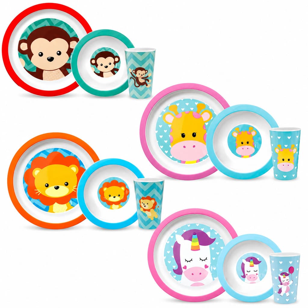 Kit Refeição  Infantil Animal Fun Buba Prato Raso + Prato Fundo + Copo Bebe Introdução Alimentar.