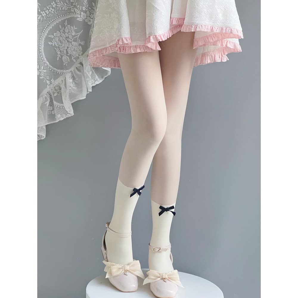 Lolita meias arco leite branco meias doce bonito menina fada meia-calça costura falso bezerro meias