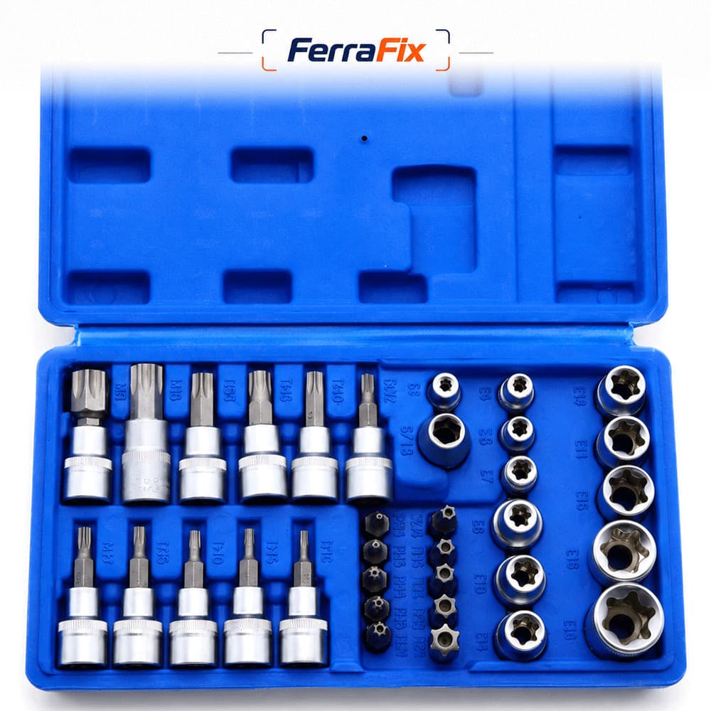 Kit Soquetes Torx 34 Peças Pontas + Soquetes E Star Cromo Vanádio Mecânico Automotivo