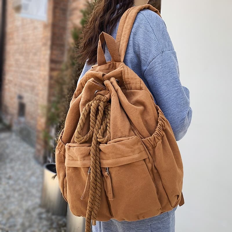 Lona Feminina Vintage Garota Lazer Drawstring Livro Bolsa Marrom Laptop Colegial Mochila Mulheres Viagem Escola Moda Leg