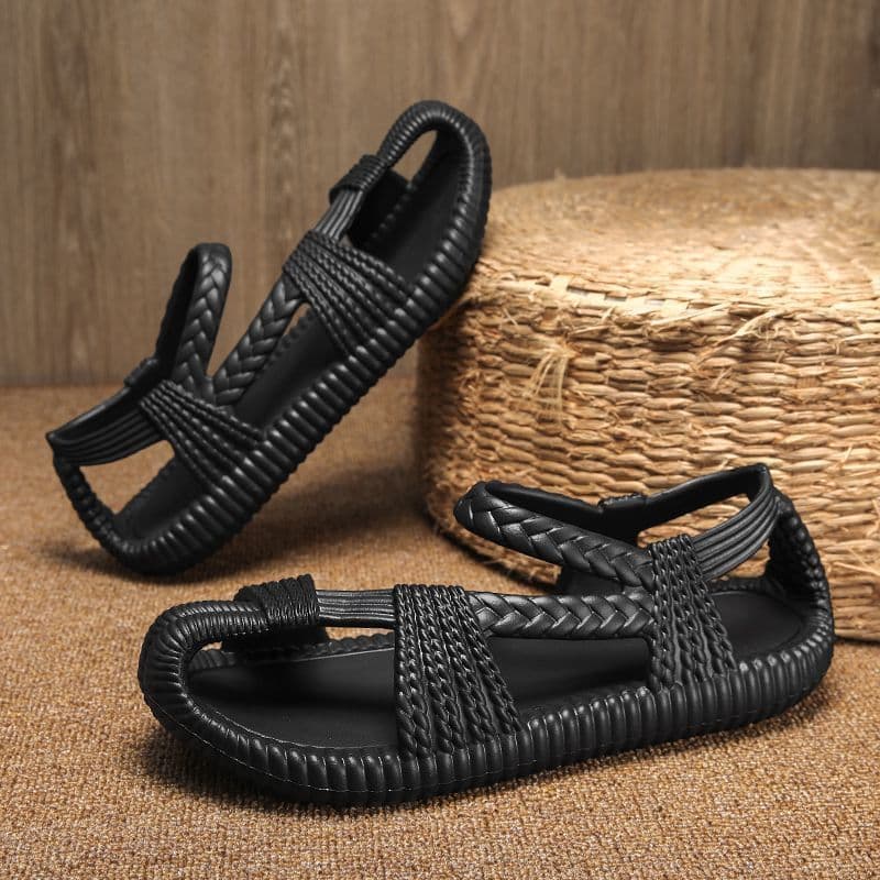 Sandálias masculinas ao ar livre de venda quente respirável sapatos de praia imitação de palha sapatos Retro único sola