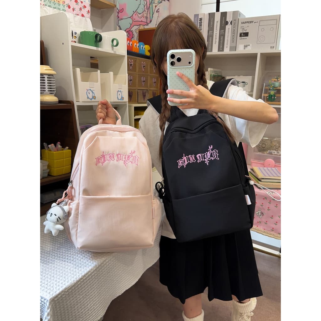 2026 verão nova carta bordada mochila feminina estudante universitário mochila grande capacidade redução de carga alça d