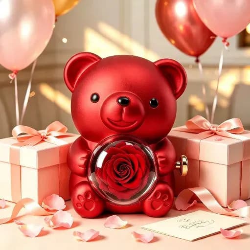 Oso De Pelúcia Com Flores Rosa Eterna Com Colar Presente