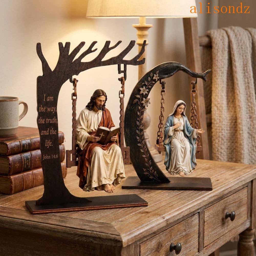 ALISOND1 Ornamento De Balanço De Jesus , Estatueta De Leitura Da Bíblia Gravada Em Verso Religioso , Berço