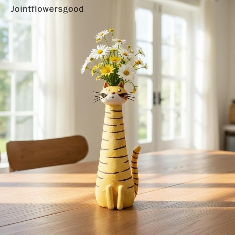 JTFG Vaso De Resina Em Forma De Gato 1 Peça Longo Ne Fofo Ornamento Recipiente De Flores Ideal Para Mesa De Casa Uso Dec