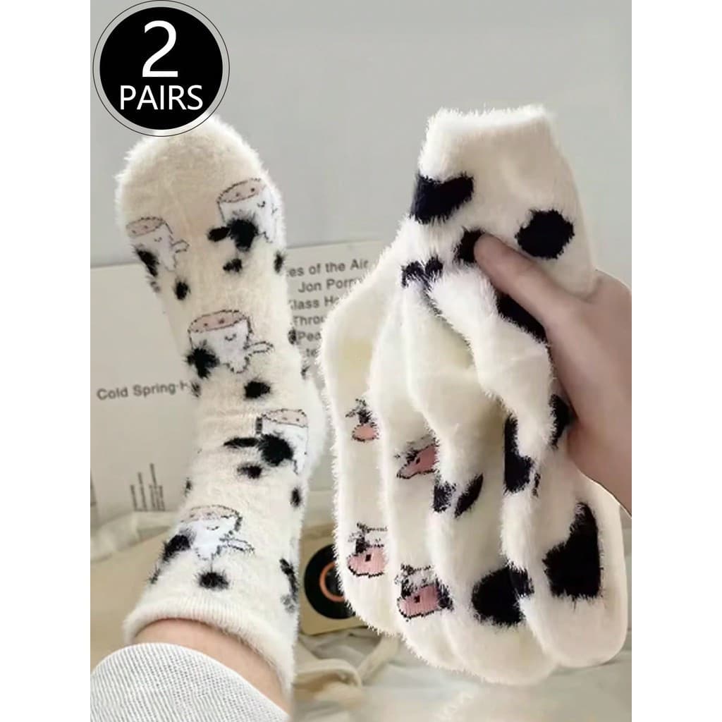 2 Pares de Meias de Pelúcia com Estampa de Vaca, Grossas e Quentes, Meias de Lã Coral, Macias e Confortáveis, Adequadas
