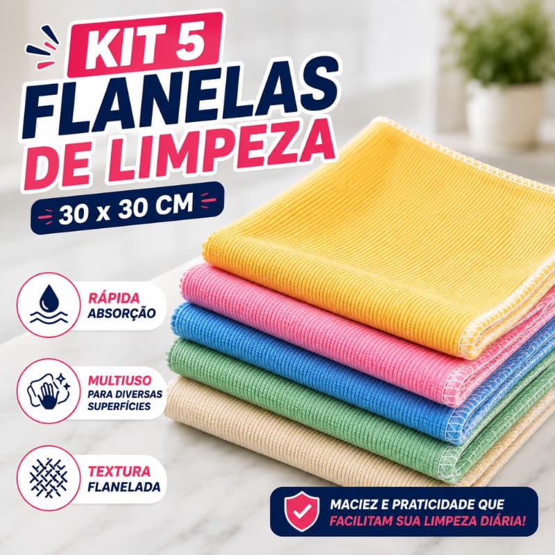 Kit 5 Flanelas de Limpeza 30x30cm Multiuso Pano Flanelado Absorvente para Carro Cozinha Vidros |GP22344| Pronta Entrega