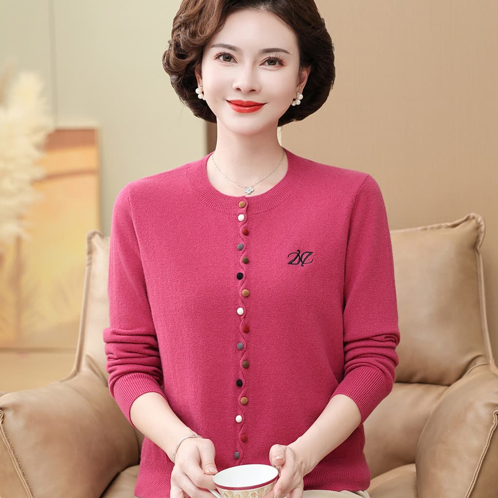 2025 novo estilo de meia-idade idosos feminino estilo fino 100% Cashmere cardigan camisola moda mãe lã cardigan topo