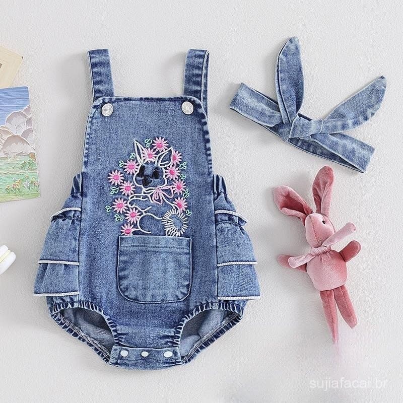 Macacão de Jeans para Bebês Meninas com Faixa de Cabelo, Bordado de Coelho com Flor, Roupas de Páscoa Sem Mangas.