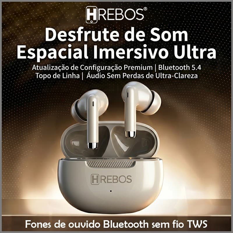 HREBOS Fone De Ouvido Sem Fio Hrebos Earbuds Microfone Bluetooth Longa duração da bateria cancelamento de ruído superior