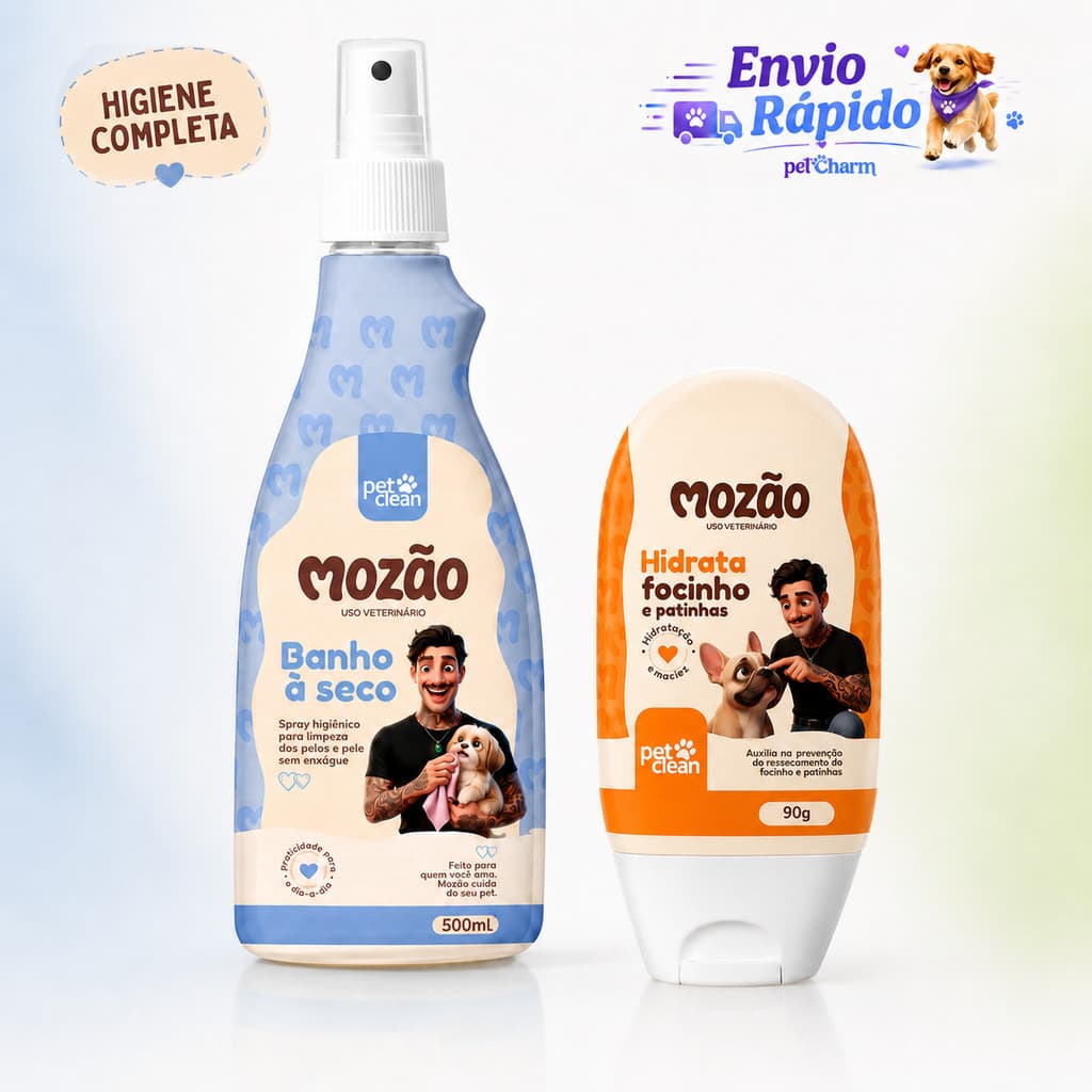 Kit Banho a Seco Para Cães e Gatos + Hidrata Focinho Patinha Mozão Pet Clean