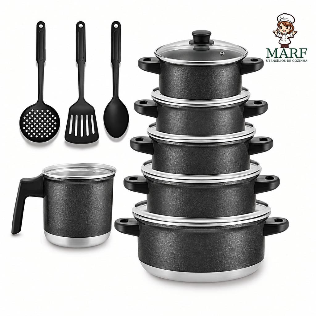 Jogo de Panelas de Aluminio + Fervedor Reforçado Craqueado preto - Kit de Panelas 6 Peças