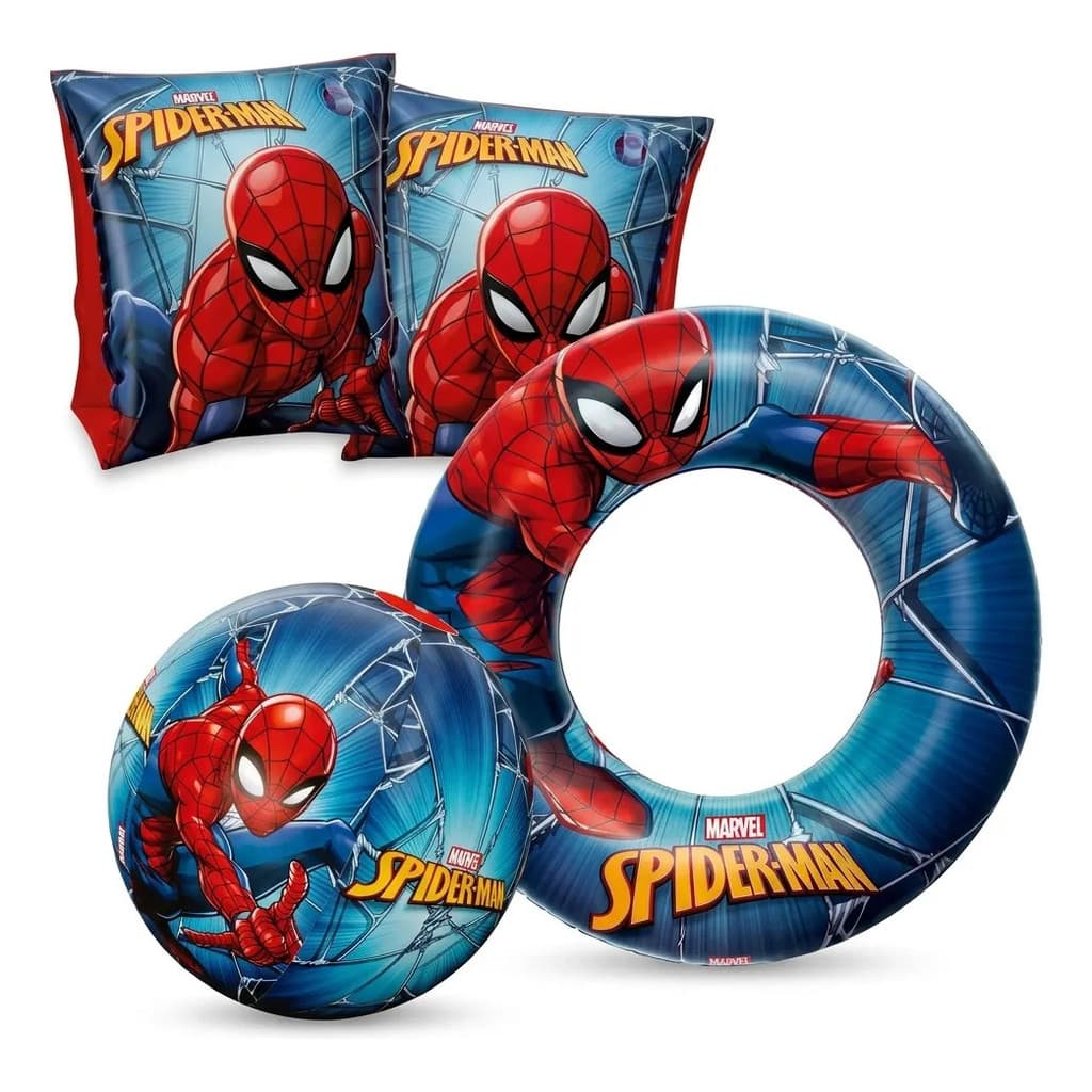 Kit Bola + Boia Redonda E Boia De Braço Homem-aranha Piscina