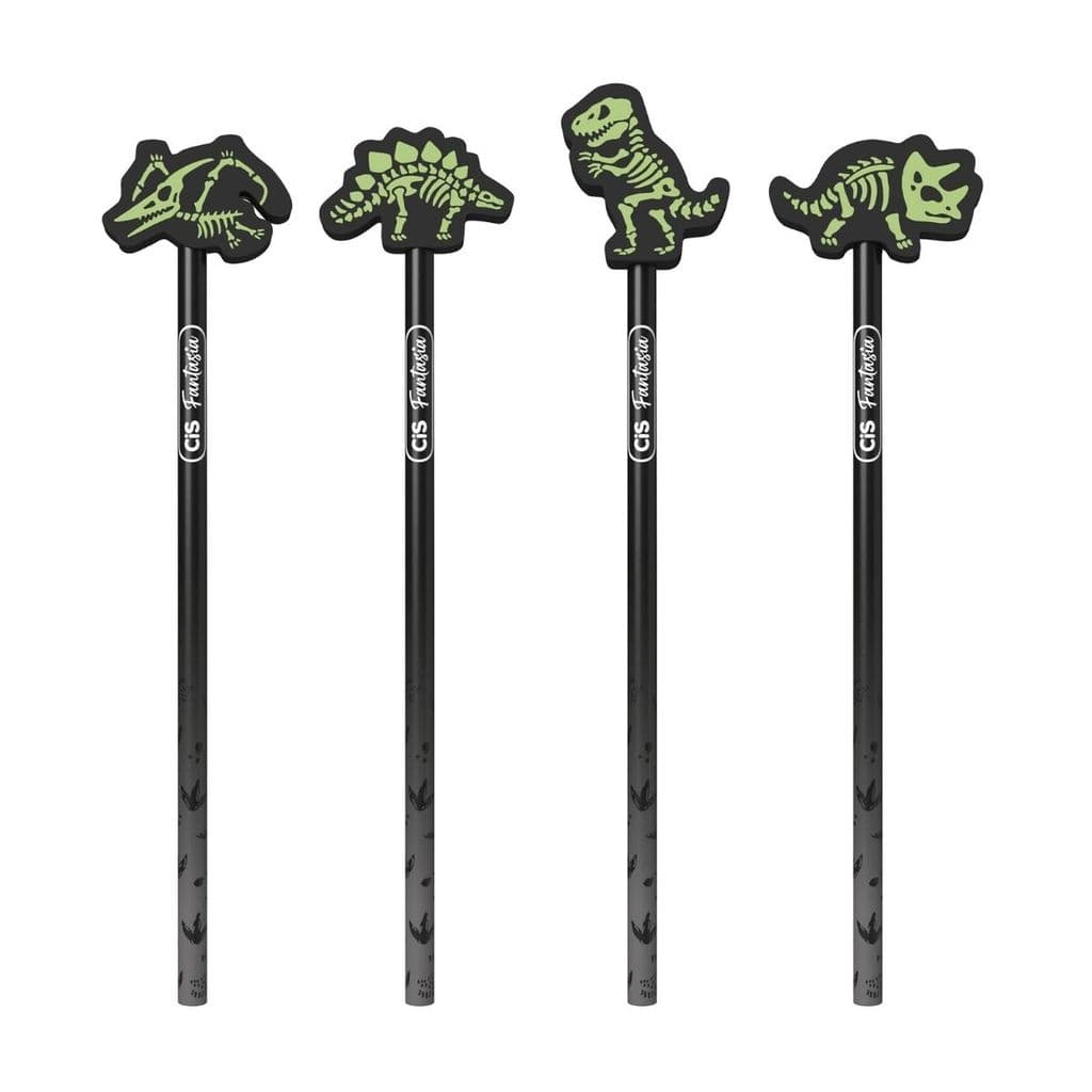 Kit com 4 Lápis HB Preto Fantasia com Borracha Dinoglow Conjunto Brilho Escuro Escolar Escrever