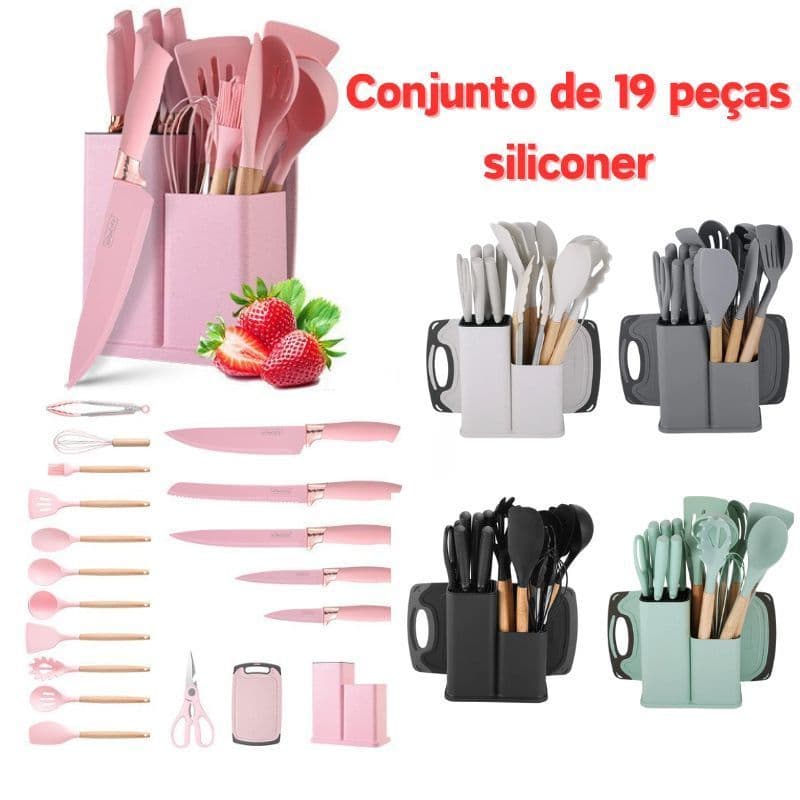 19 Peças Utensílios de Cozinha: Facas, Colheres, Silicone - Completo para Básica Sem BPA