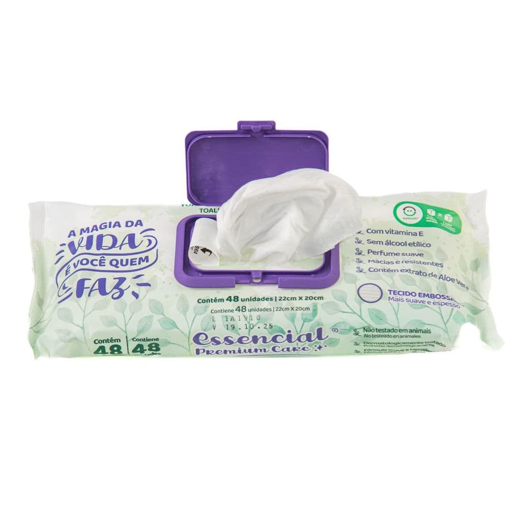 Kit 48 To      lhas Umedecidas Essencial Care Adulto 48 Folhas Cada