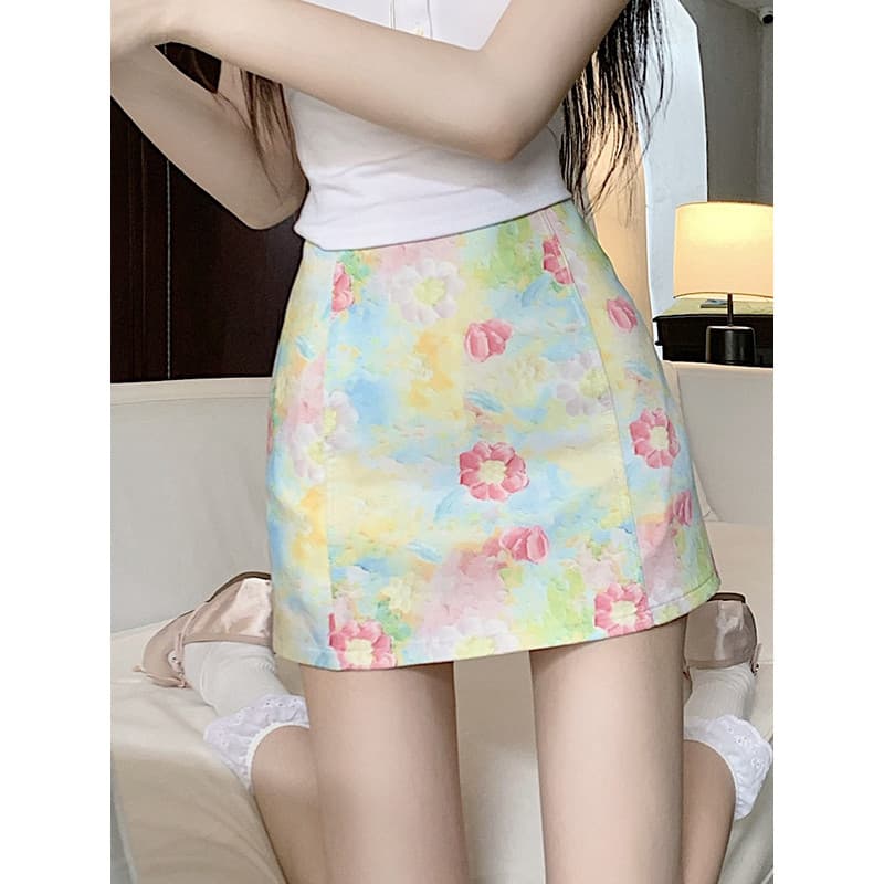 Pequena saia Floral feminina na moda confortável usar cintura alta mais magro olhar A linha saia pintura A óleo saia Hip